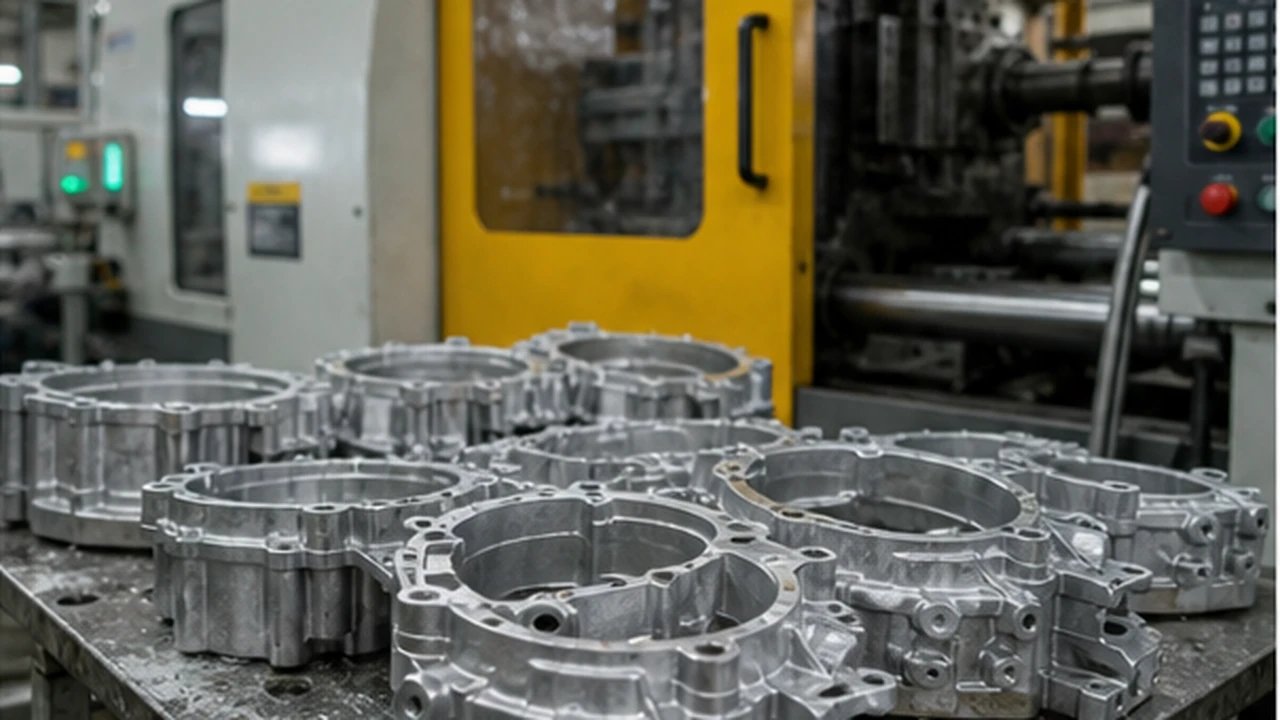 A group of machined housings beside CNC equipment.