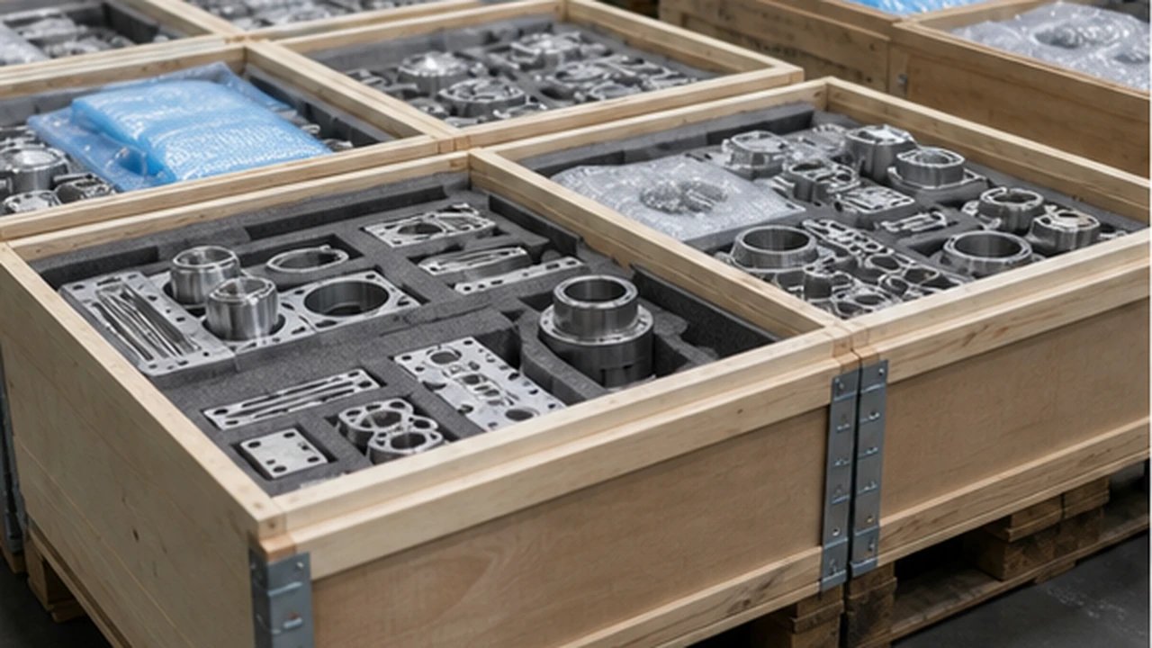 Machined parts arranged in a wooden shipping crate.