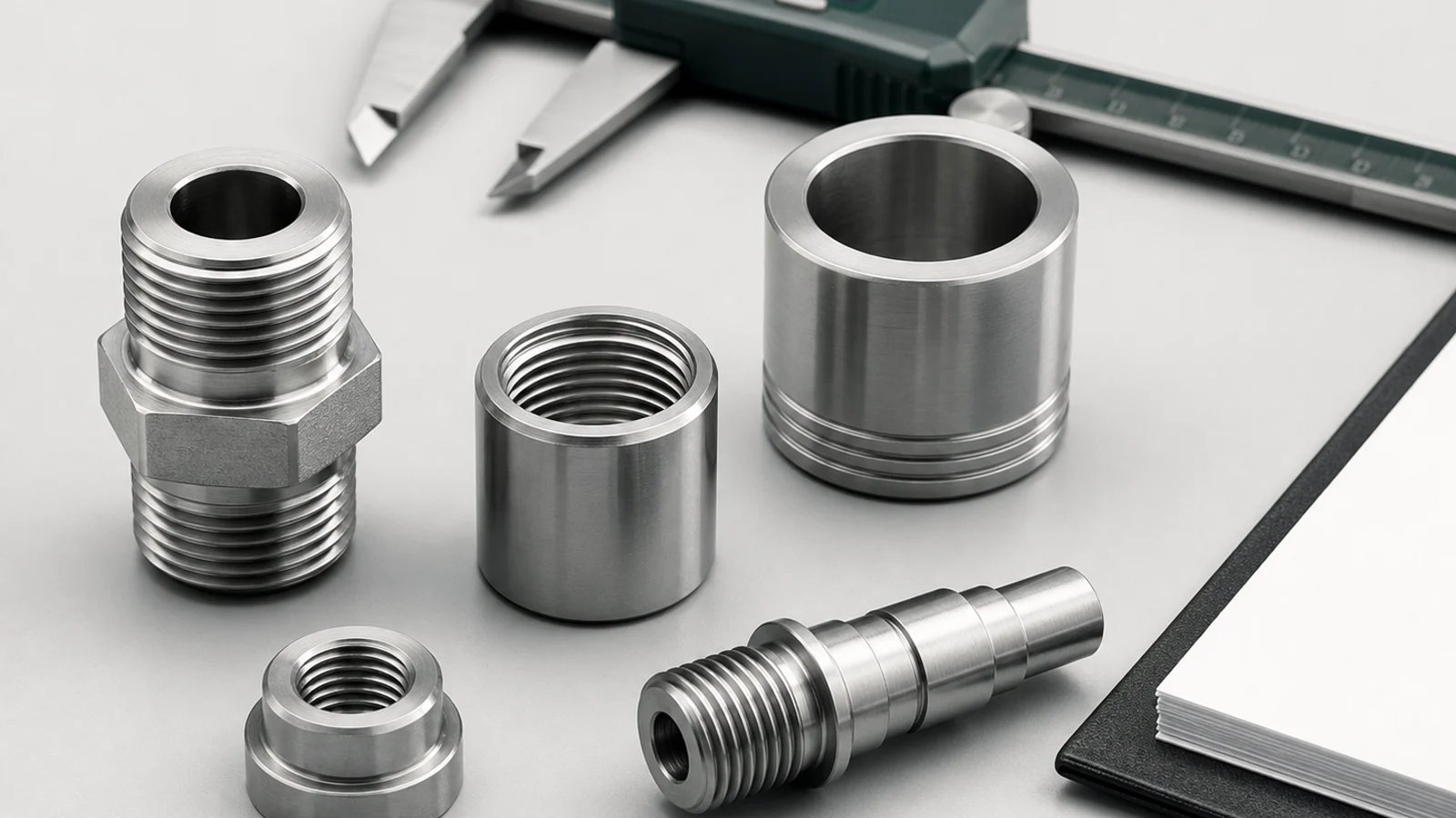 Threaded fittings and a stepped shaft on a drawing.