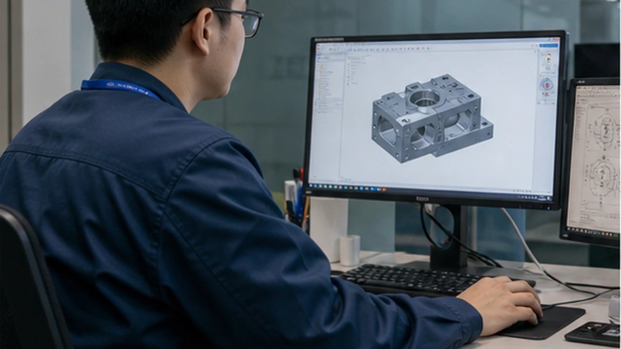 An engineer reviewing a component model at a workstation.