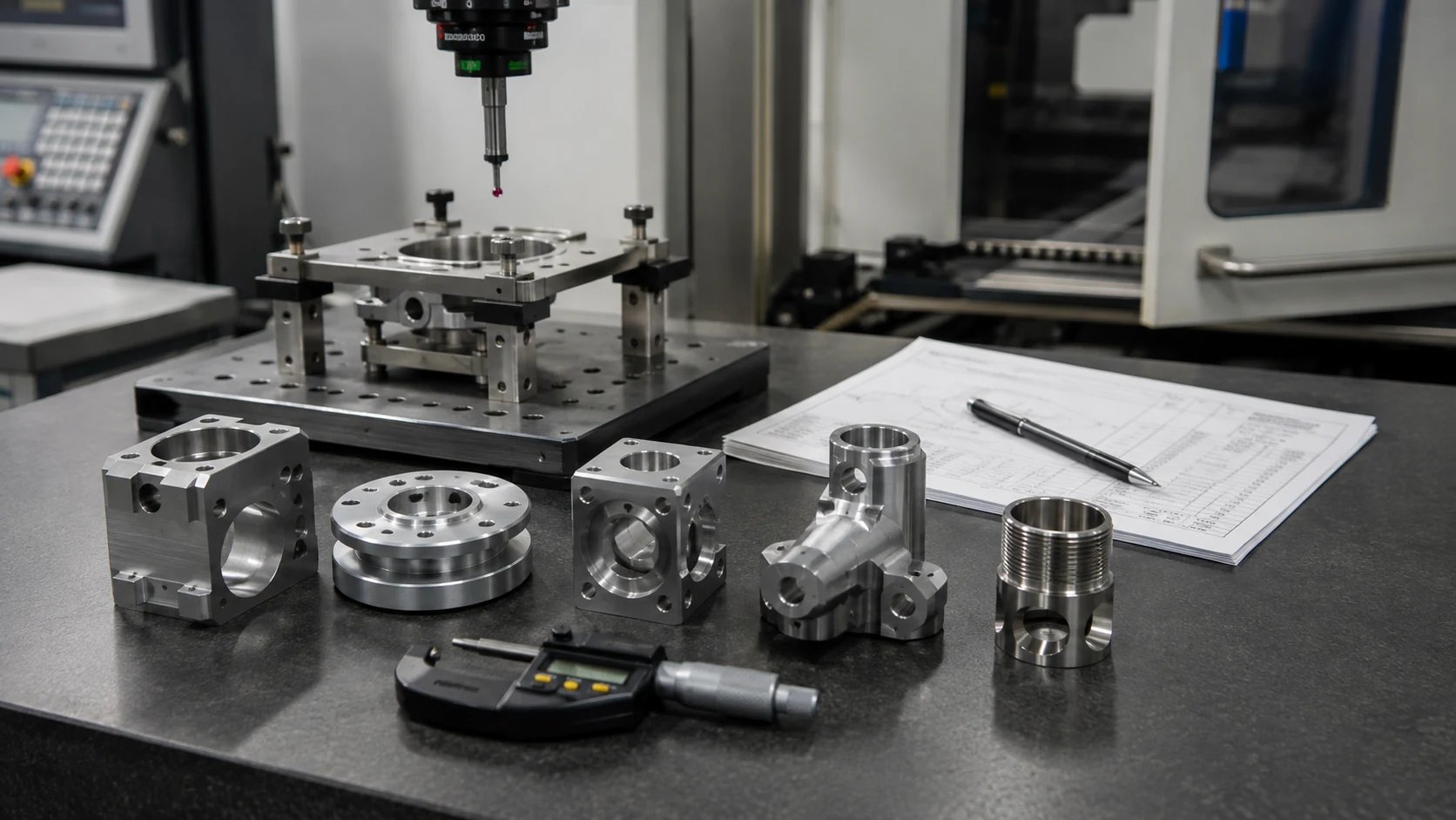 Machined parts and inspection tools on a workbench.