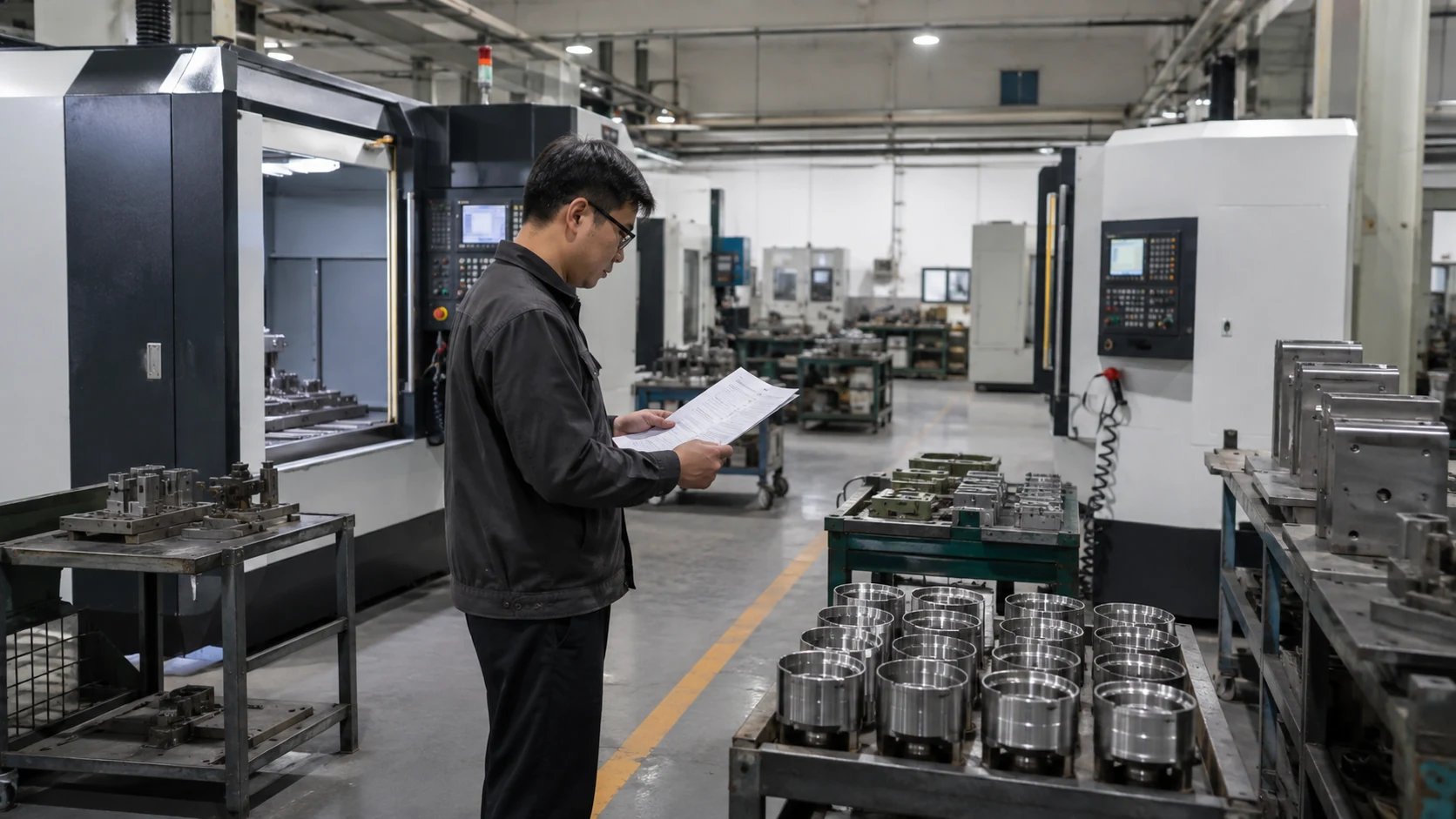 An inspector reviewing paperwork beside a machining station.