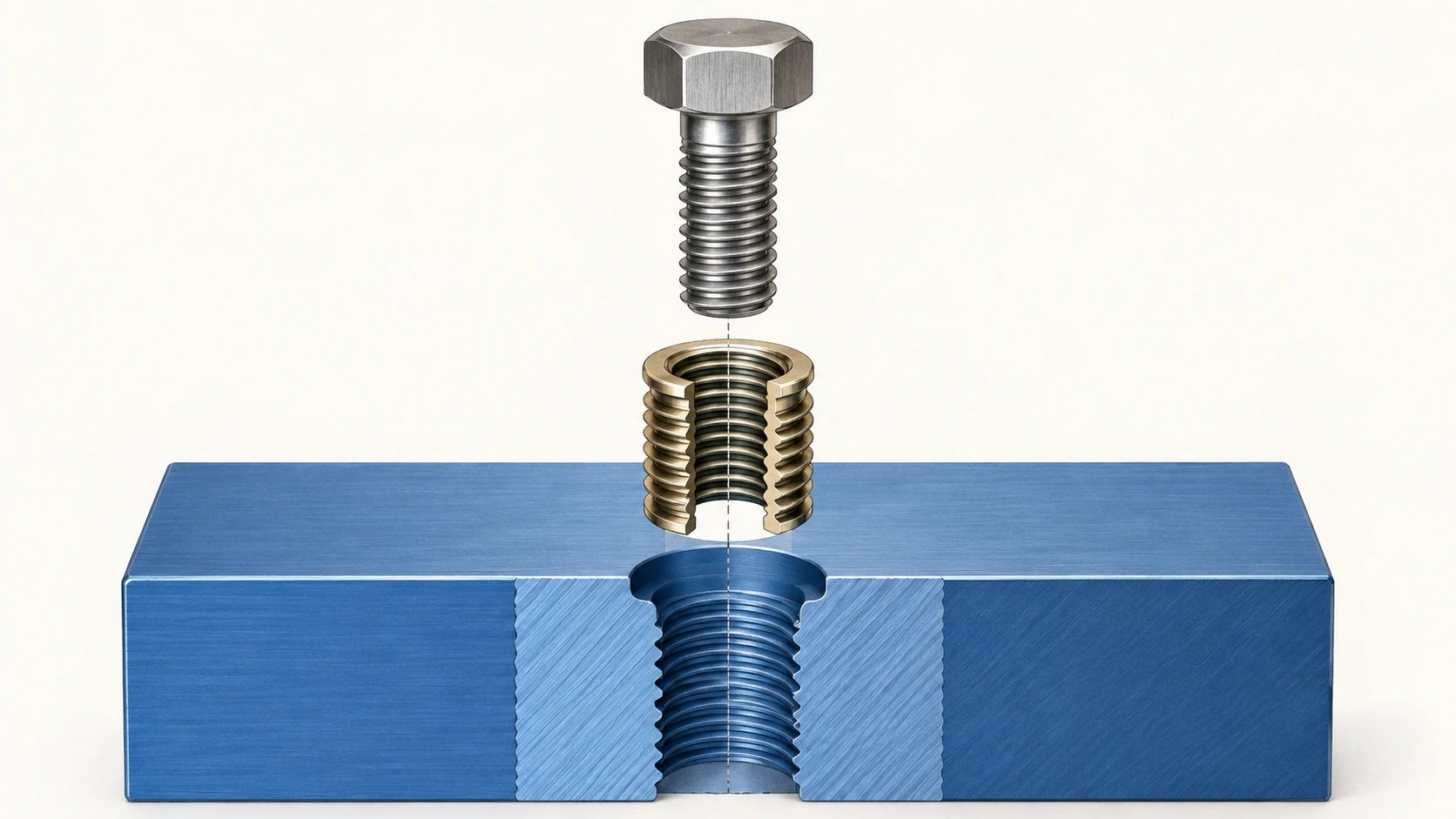 Exploded insert concept showing the bolt, insert and receiving hole as separate specifications