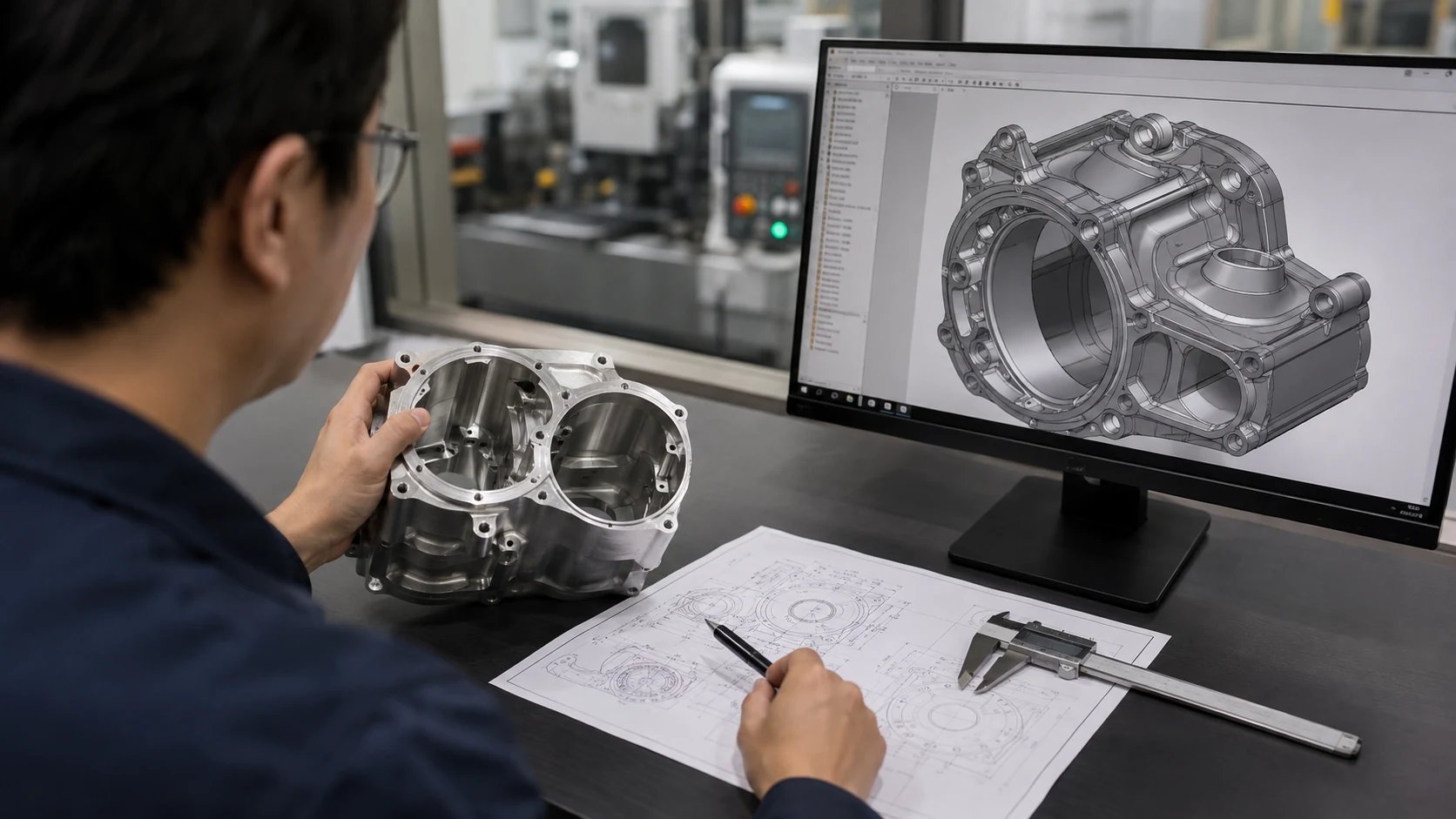 Engineer reviewing tool access and functional geometry on a machined robot joint housing