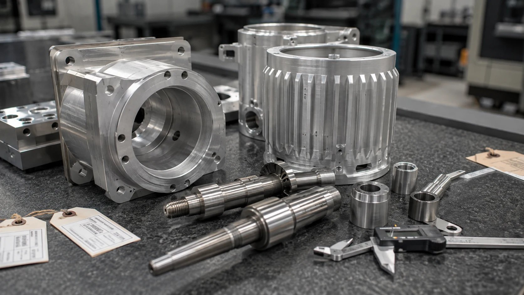 Machined motor housings and shafts arranged on a workbench.