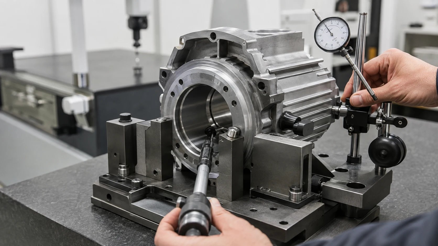 Motor housing bearing bore alignment checked in a datum fixture