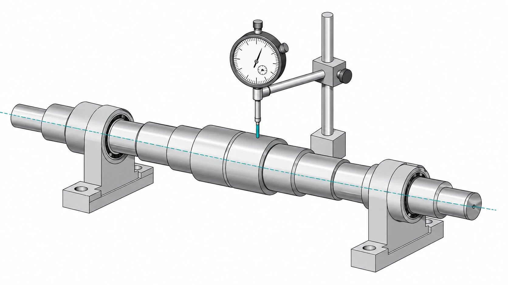 Conceptual runout setup showing a shaft axis, support journals and radial indicator contact