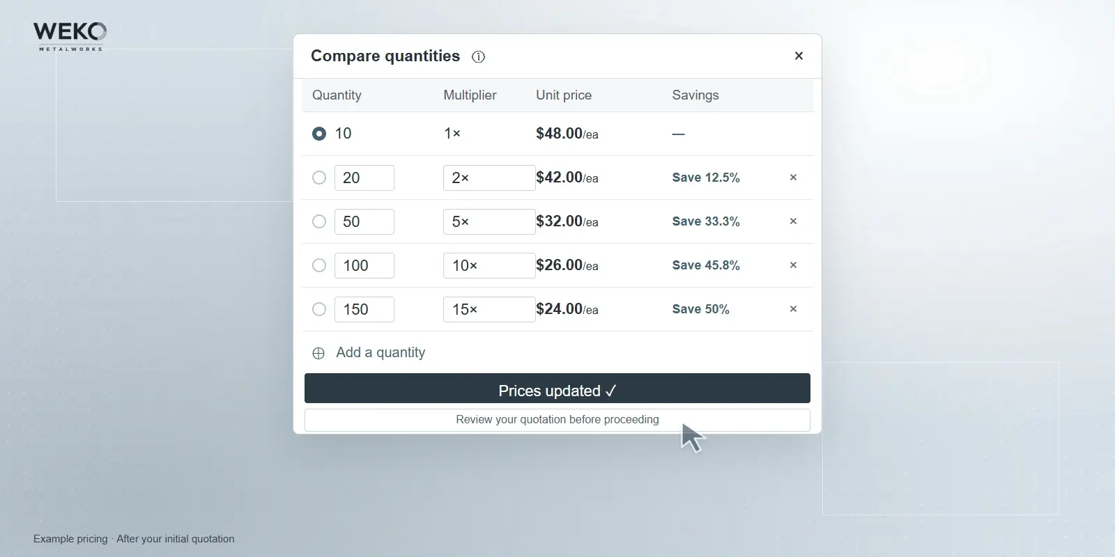 WEKO quantity and unit price comparison